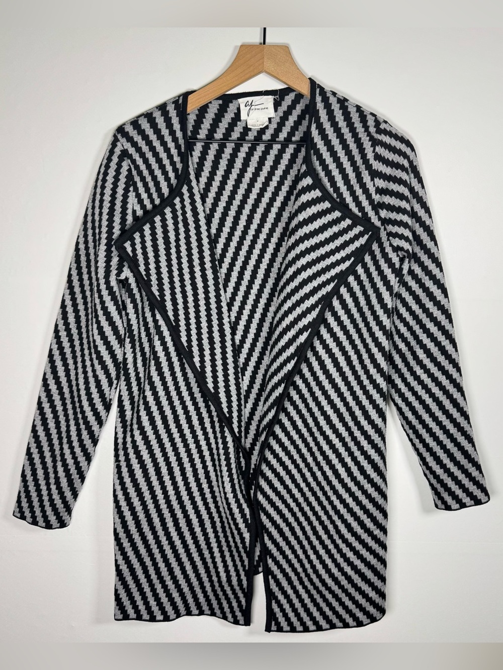 Andrea Jovine Gray Black Geometric Striped Open Front Sweater Cardigan Sz M